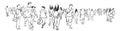 Crowd group of people walking freehand ink sketch panorama view