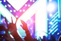 Crowd of hands up concert stage music people Royalty Free Stock Photo