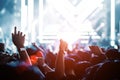 Crowd of hands up concert stage and people music party concept Royalty Free Stock Photo