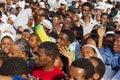 Crowd of happy Ethiopian people celebrating Timkat religious Orthodox festival in Addis Ababa, Ethiopia.