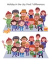 Crowd of happy people. Find 7 hidden differences. Educational game for children. Cartoon style puzzle.