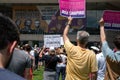 Crowd holds feminist pro-choice protest signs at Josh Shapiro political rally