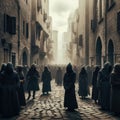 Mysterious cloaked figures in medieval street