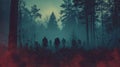 crowd of hungry zombies in the woods. Silhouettes of scary zombies walking in the forest at night Royalty Free Stock Photo