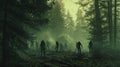 crowd of hungry zombies in the woods. Silhouettes of scary zombies walking in the forest at night Royalty Free Stock Photo