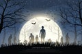 Crowd of hungry zombies in the woods. Silhouettes of scary zombies walking in the forest at night. Royalty Free Stock Photo