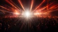 A crowd illuminated by fiery rays, like a magical audience in a virtuoso light performance