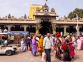 A crowd of Indian pilgrims outside the ancient Ramanathaswamy temple in the town of Rameswaram.