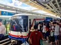 A crowd of locals and tourists line up to board the BTS sky train.