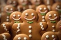 Crowd of many xmas cookies gingerbread decorated faces from glaze. Generative AI