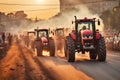 crowd marching with tractors activist for farmers rights in a big city at sunset