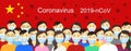 Crowd of masked people on the background of the Chinese flag. Quarantine. 2019-nCoV Novel Corona virus concept banner