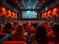 Crowd at movie theater watching entertainment on projection screen Royalty Free Stock Photo