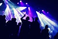 Crowd at a music concert, audience raising hands up