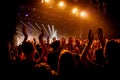 Crowd on music show, happy people with raised hands. Orange stage light