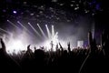 Crowd on music show, happy people with raised hands. White stage light. Frontman on stage Royalty Free Stock Photo