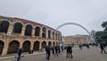 Crowd near the arena of Verona, the Roman amphitheater in Verona, Italy