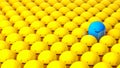 The crowd and one special. Rows of yellow men and one blue smiling. 3d render Royalty Free Stock Photo