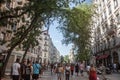 Crowd of Pedestrians walking on rue de la Republique Street in Lyon, France, facing a Haussmann style buildings