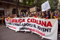 BARCELONA, SPAIN - OCTOBER 18, 2019: A crowd of peope standing on Placa Catalunia during protests in Catalonia. Pro-Catalan