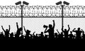 Crowd of people behind bars demanding to open the border.
