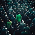 a crowd of people in black suits and only one person in green, generative AI