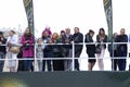 Crowd of people children and adults spectators waiting on a gallery for beginning concert, outdoor. Kyiv, Ukraine