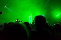 A crowd of people at the concert have fun and dance to the music at the concert. Green background. Rear view. The concept of Royalty Free Stock Photo