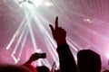 A crowd of people at the concert have fun and dance to the music at the concert. Hand close up. Rear view. The concept of Royalty Free Stock Photo