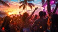 Crowd of people dancing at a beach party, beautiful sunset above the ocean. Confetti falling from the sky and people are raising