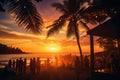 A crowd of people dancing and having fun at a beach party at sunset. Vacation concept. Generated by artificial Royalty Free Stock Photo