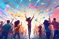 Crowd of people dancing at party. Music festival. Vector illustration