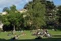 Crowd of people enjoying hot summer day in a park, reading, relaxing Royalty Free Stock Photo