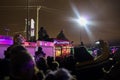 People and firefighters on a fire truck watch the arrival of the Canadian Pacific holiday train