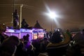 People and firefighters on a fire truck watch the arrival of the Canadian Pacific holiday train