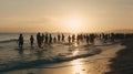 Crowd of people or friends runs to sunset sea. Beach holidays travel concept. AI Generative Royalty Free Stock Photo