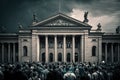 crowd of people in front of government building, demanding reform and change