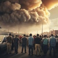 A crowd of people in front of a large industrial building with a huge cloud of smoke. Explosion, fire, ignition. Royalty Free Stock Photo