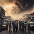 A crowd of people in front of a large industrial building with a huge cloud of smoke. Explosion, fire, ignition. Royalty Free Stock Photo