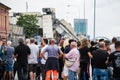 Crowd of people in front of Morandi bridge in Genoa, Italy