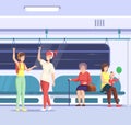 Crowd of people go by public transport metro. Passengers inside city bus subway train. Woman elderly children at train interior Royalty Free Stock Photo