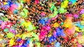 Crowd of people on a Holi Colours Festival. Aerial. Splash of paint in a crowd of people view above. Royalty Free Stock Photo