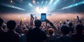 A crowd of people at a live event, concert or party holding hands and smartphones up. Generative AI Royalty Free Stock Photo