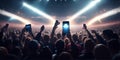 A crowd of people at a live event, concert or party holding hands and smartphones up. Generative AI Royalty Free Stock Photo