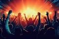 Crowd of people at a live music concert with raised hands, Crowd cheering at a live music concert and raising their hands, AI Royalty Free Stock Photo