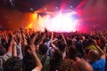 Crowd of people at music concert in front of the stage Royalty Free Stock Photo