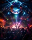 A crowd of people in a music event, dancing in neon pink color lights Royalty Free Stock Photo