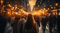 Crowd of people, pedestrians on the background of the evening street of the big city