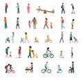 Crowd of people performing summer outdoor activities - walk, riding bicycle, skateboarding. Group of male and female and