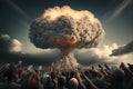 Crowd of people photographing mushroom cloud. Neural network AI generated